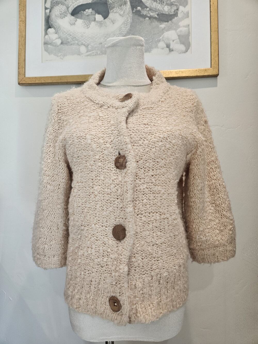 Vintage Anthropologie Cottagecore Fox Cardigan Sweater Knit Beige Cream Small S